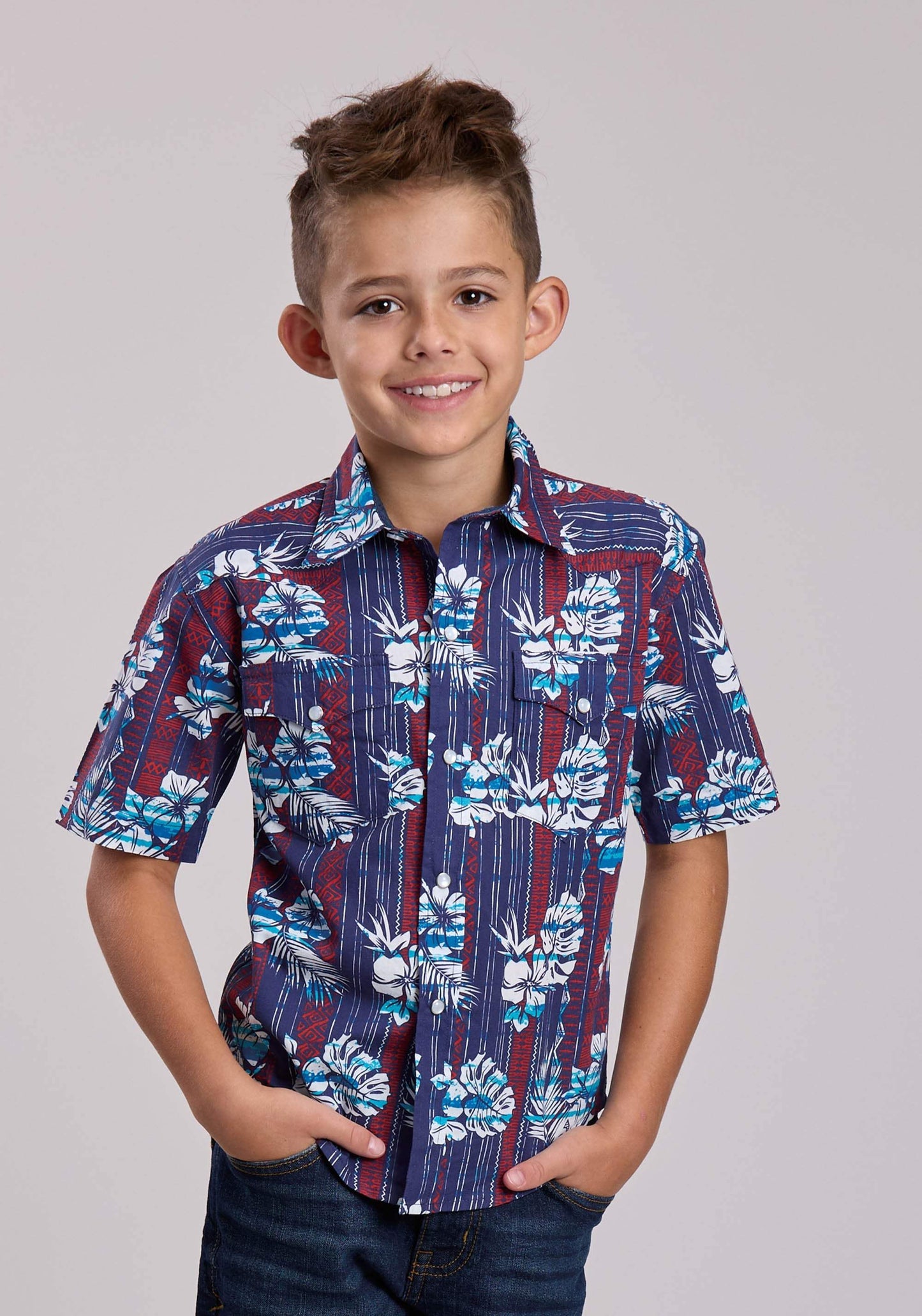Boys Roper Distressed Tropical Aztec Print Short Sleeve Snap Shirt - Roper - Flyclothing LLC