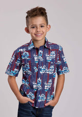 Boys Roper Distressed Tropical Aztec Print Short Sleeve Snap Shirt - Roper - Flyclothing LLC