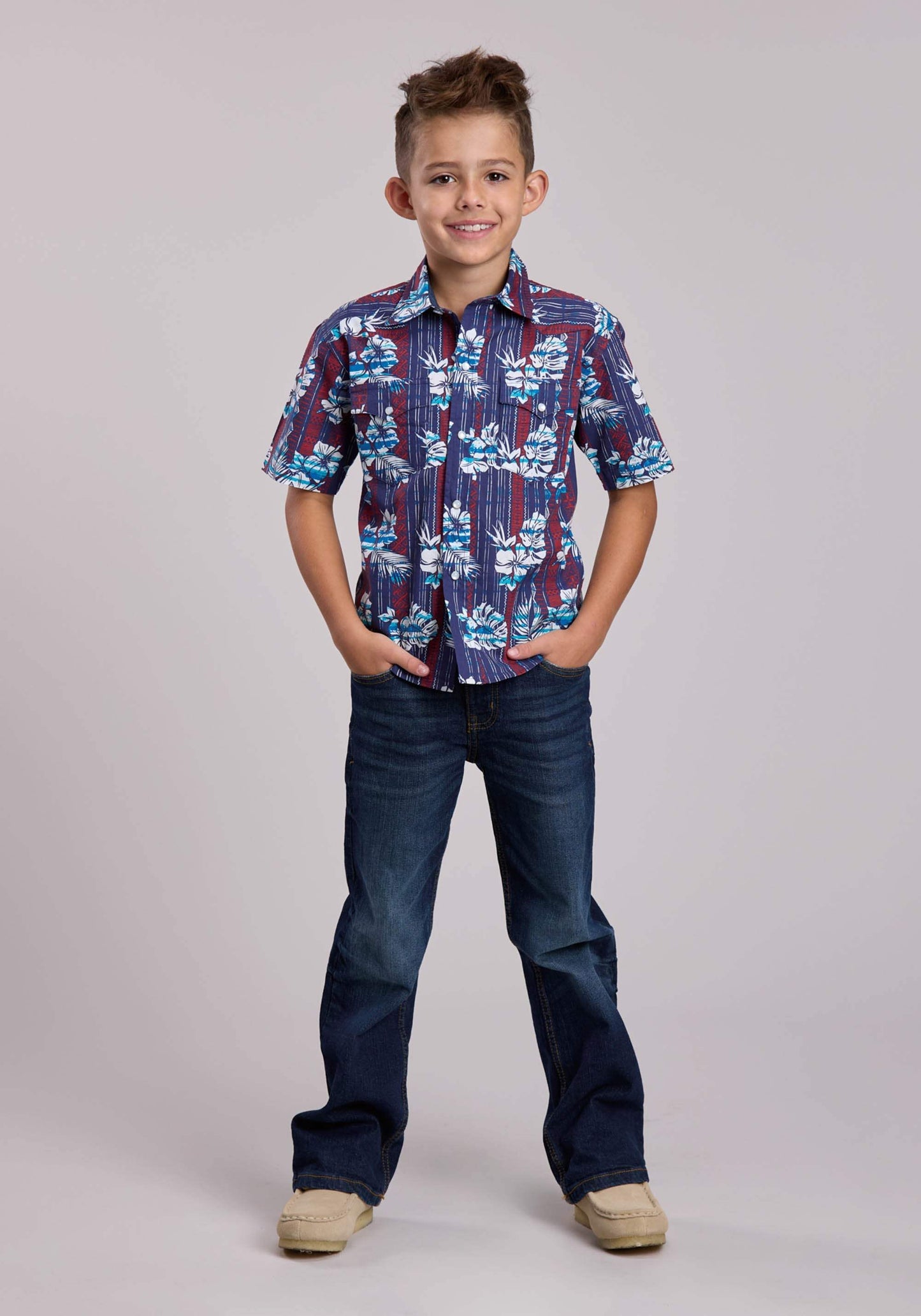 Boys Roper Distressed Tropical Aztec Print Short Sleeve Snap Shirt - Roper - Flyclothing LLC