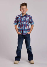 Boys Roper Distressed Tropical Aztec Print Short Sleeve Snap Shirt - Roper - Flyclothing LLC