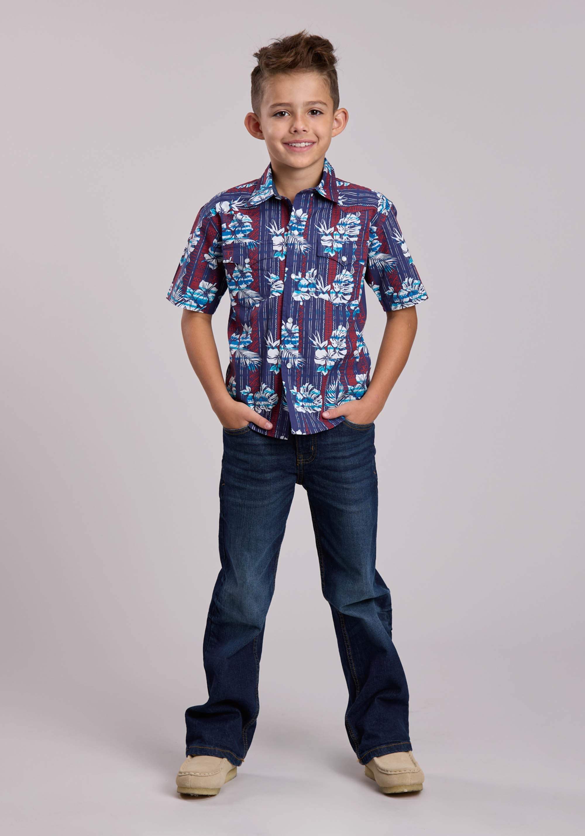 Boys Roper Distressed Tropical Aztec Print Short Sleeve Snap Shirt - Roper - Flyclothing LLC