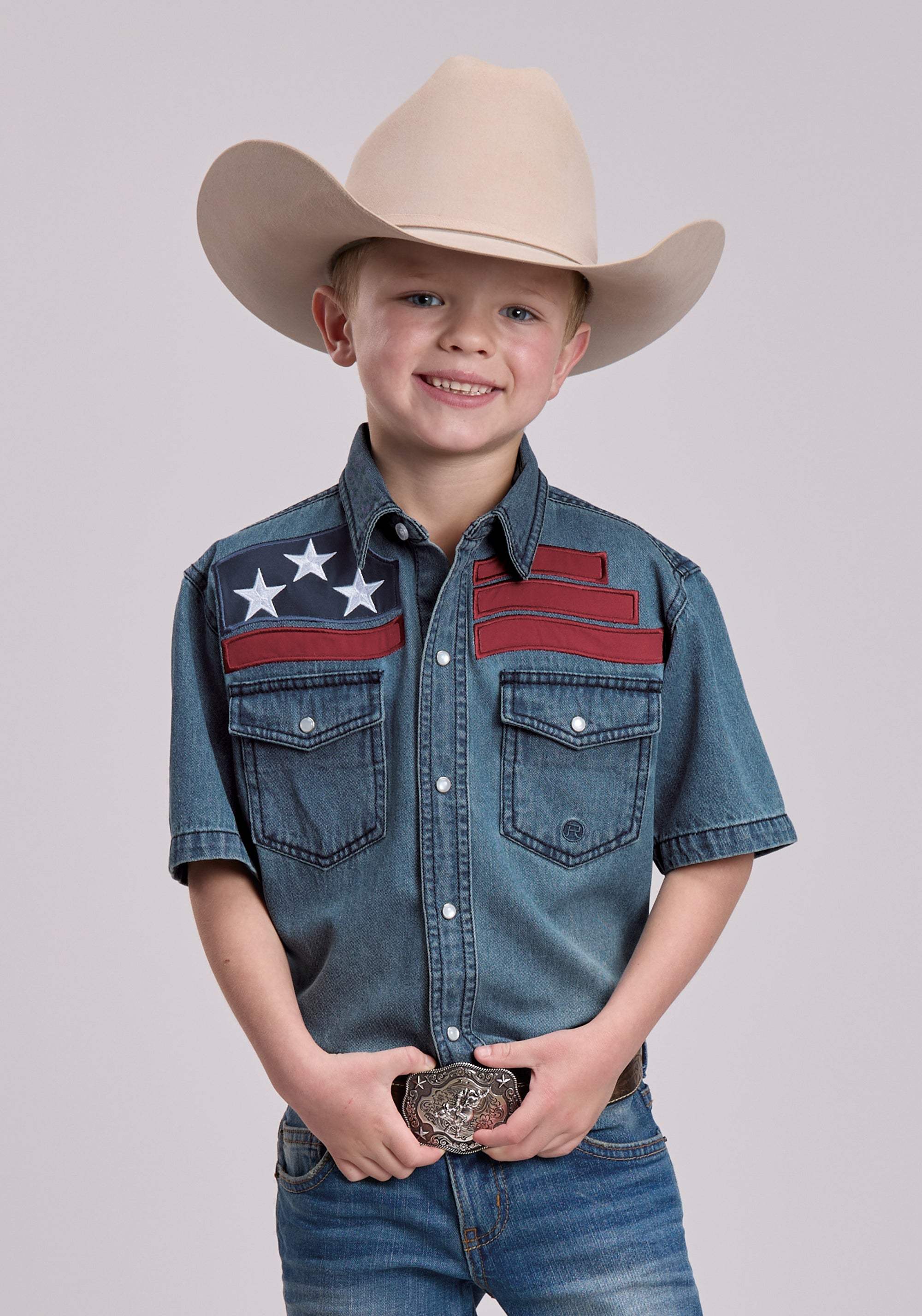 Boys Roper Medium Blue Denim Short Sleeve Snap Shirt - Roper - Flyclothing LLC