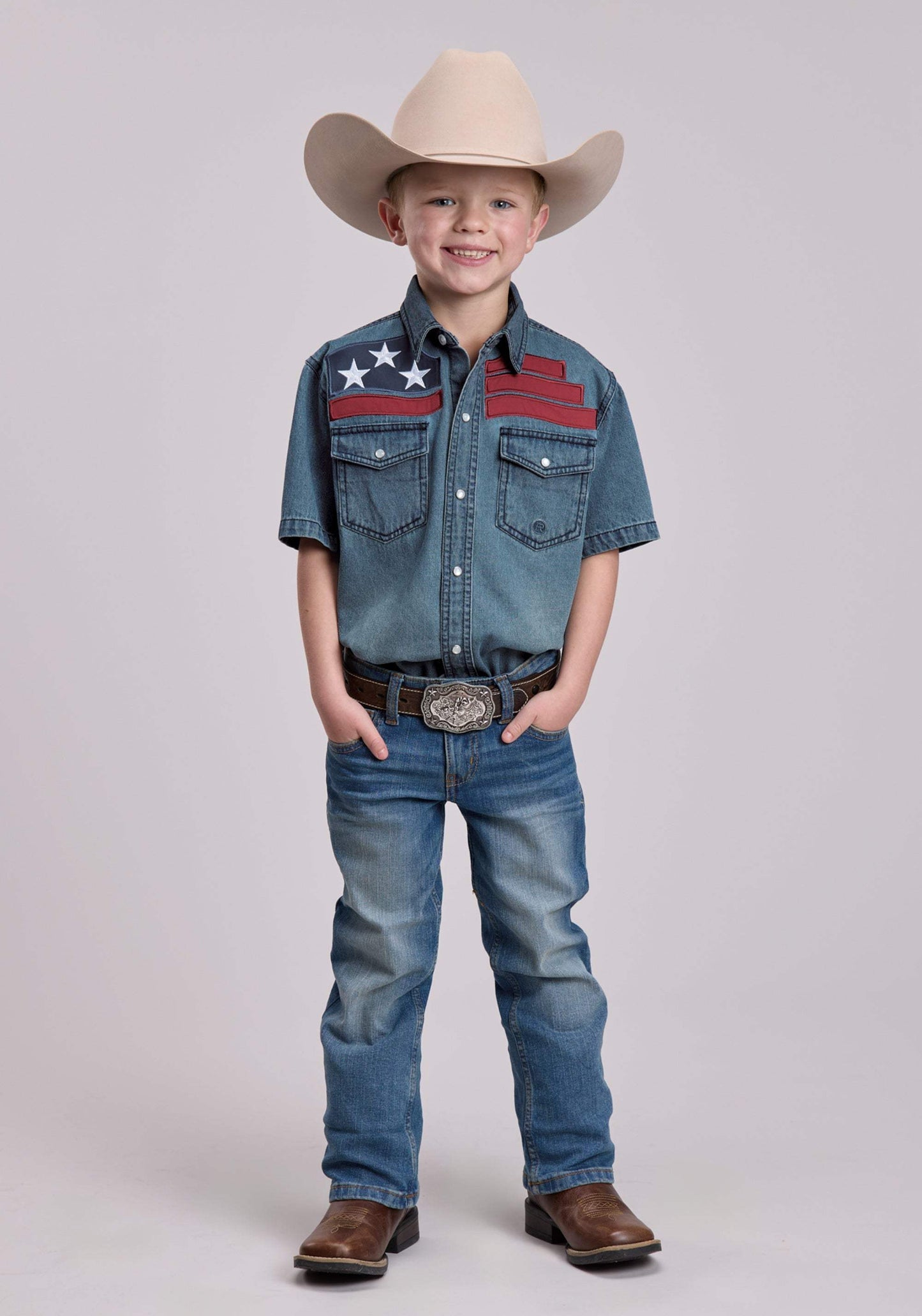 Boys Roper Medium Blue Denim Short Sleeve Snap Shirt - Roper - Flyclothing LLC