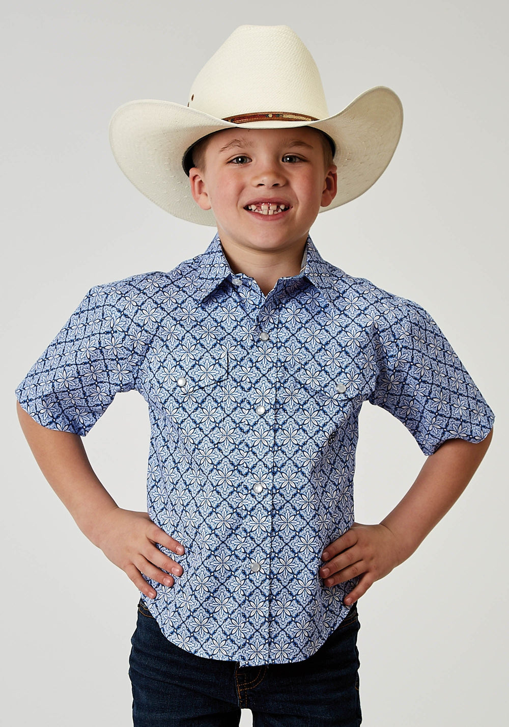 Roper Boys Short Sleeve Snap Blue Skies Tie Print Western Shirt - Roper