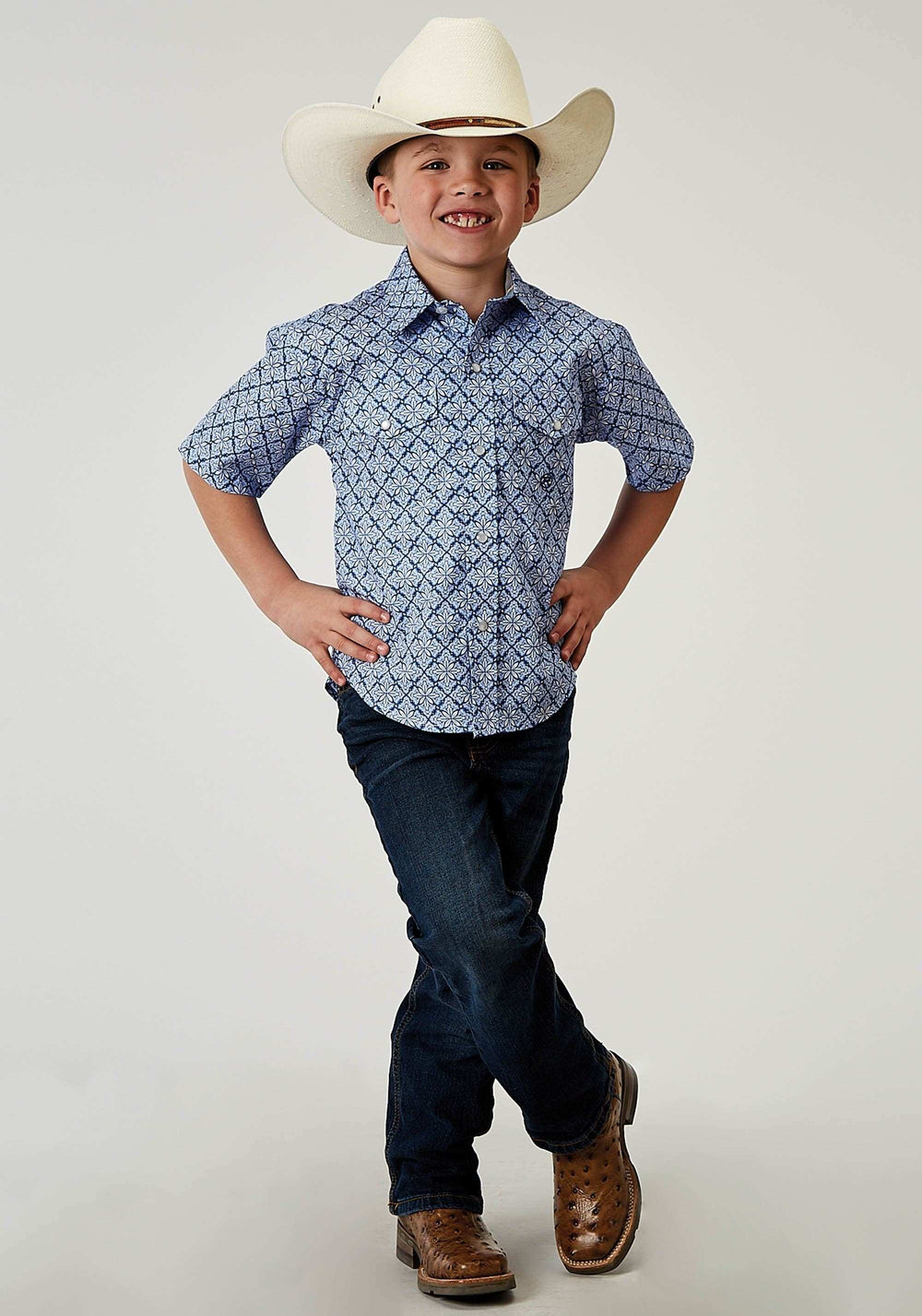 Roper Boys Short Sleeve Snap Blue Skies Tie Print Western Shirt - Roper - Flyclothing LLC