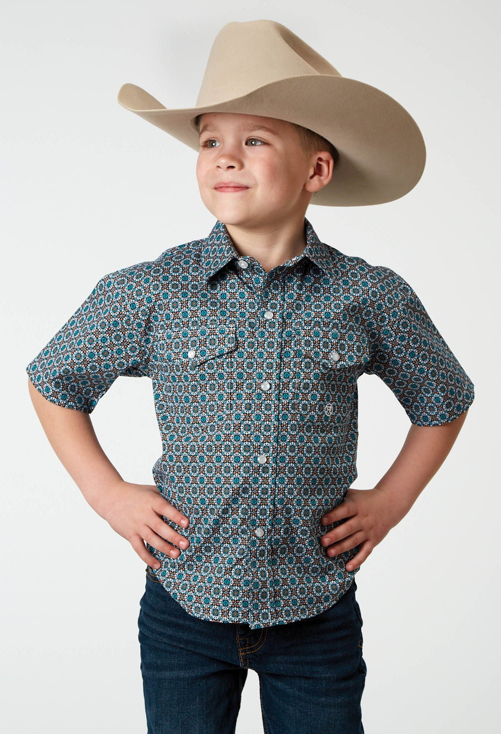Roper Boys Short Sleeve Snap Frontier Foulard Western Shirt - Roper