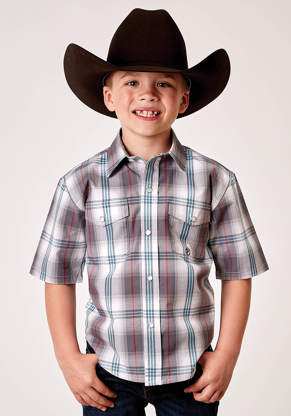 Roper Boys Short Sleeve Snap Gray Cloud Plaid Western Shirt - Roper