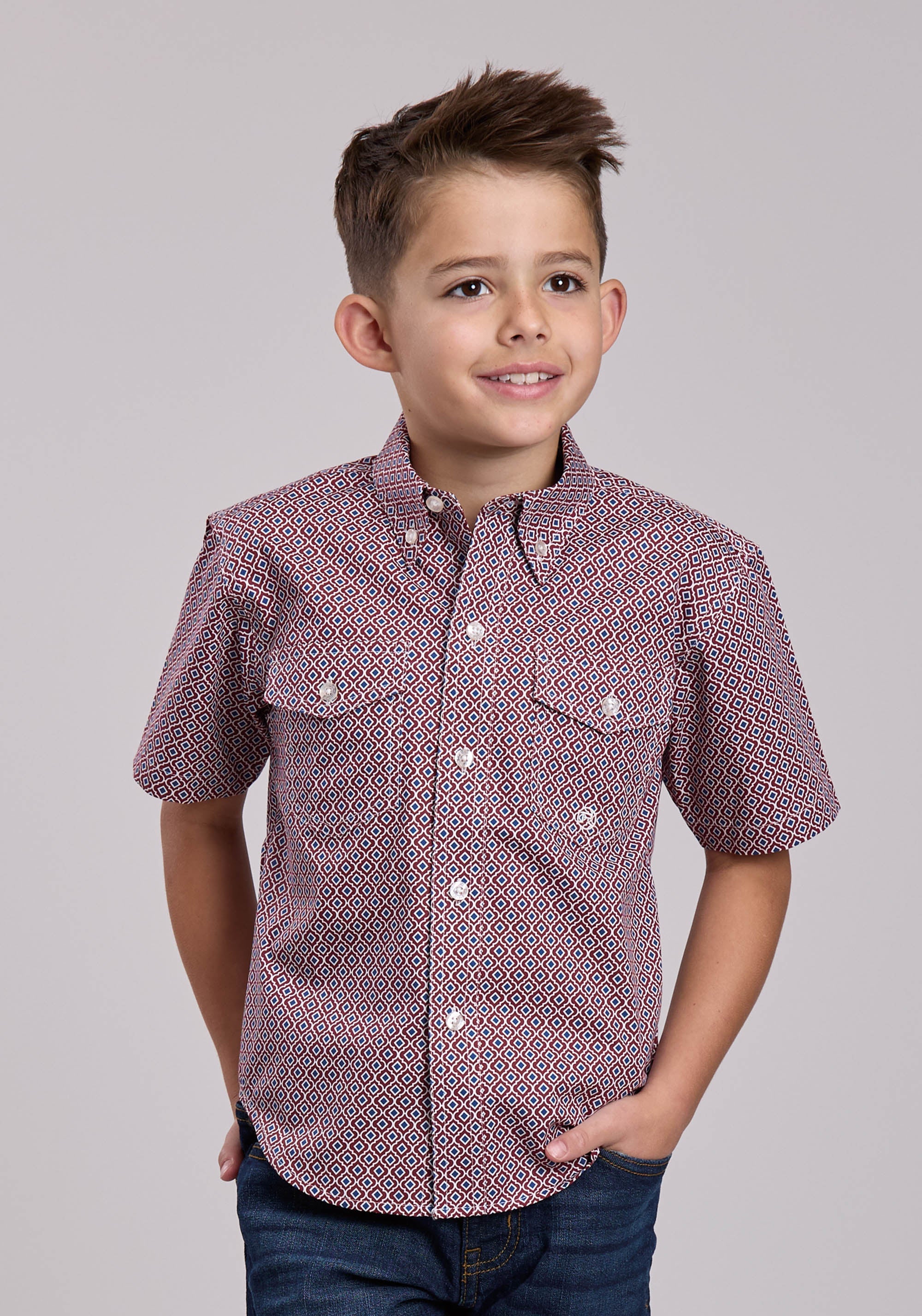 Boys Roper Red Tile Foulard Short Sleeve Button Shirt