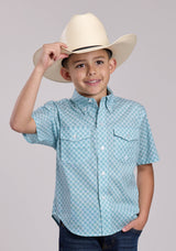 Boys Roper Stretch Four Point Foulard Teal Short Sleeve Button Shirt