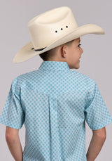 Boys Roper Stretch Four Point Foulard Teal Short Sleeve Button Shirt