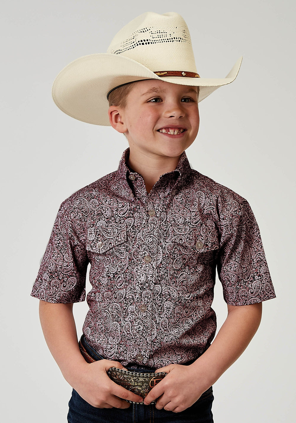 Roper Boys Short Sleeve Button Stretch Poplin Red Paisley Western Shirt - Roper