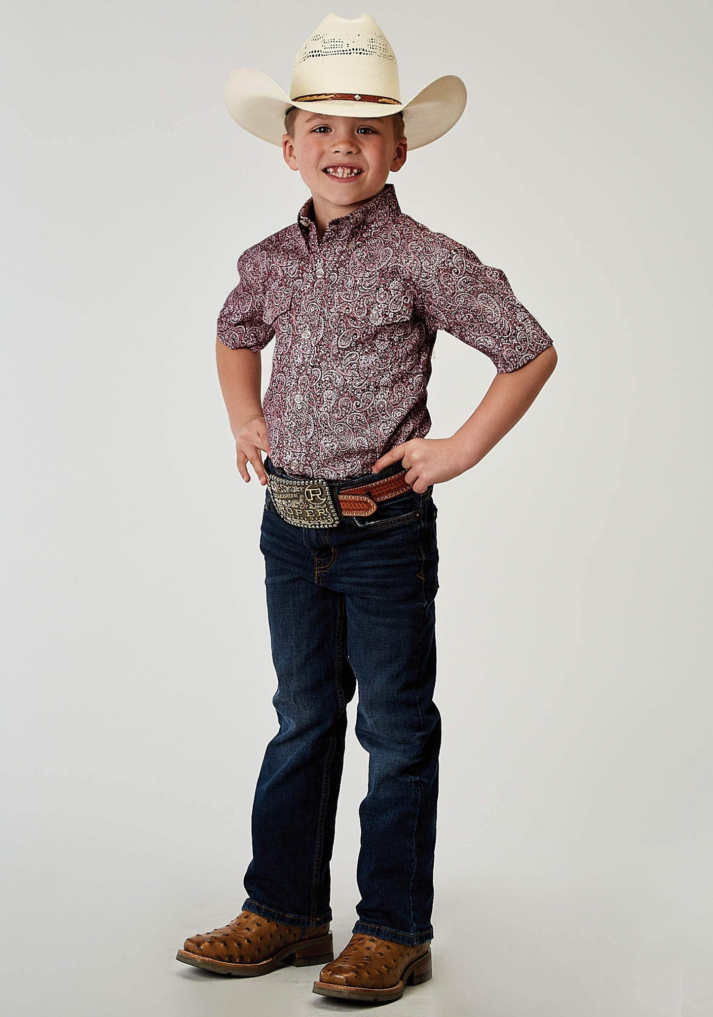 Roper Boys Short Sleeve Button Stretch Poplin Red Paisley Western Shirt - Roper - Flyclothing LLC