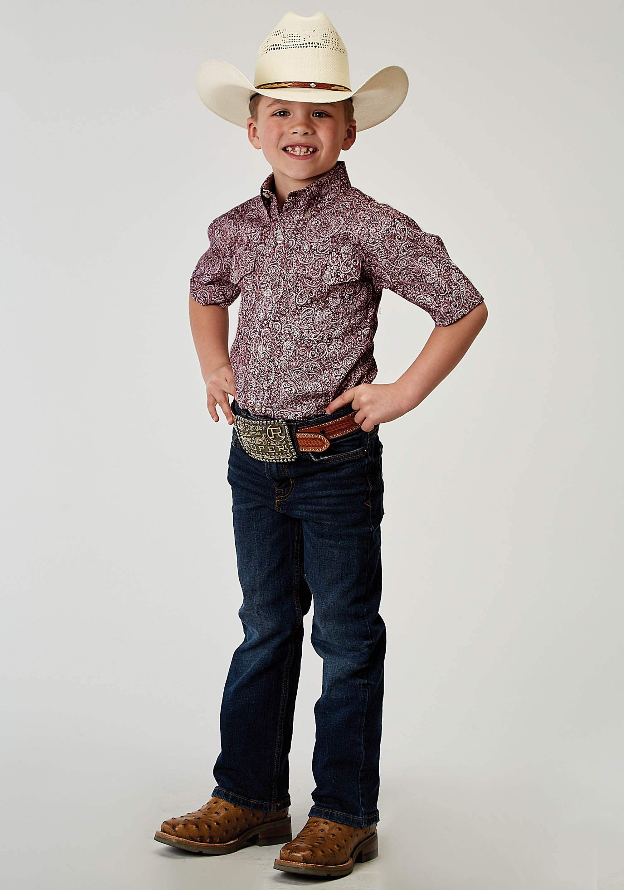 Roper Boys Short Sleeve Button Stretch Poplin Red Paisley Western Shirt - Roper - Flyclothing LLC