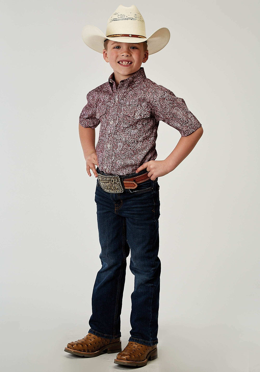 Roper Boys Short Sleeve Button Stretch Poplin Red Paisley Western Shirt - Roper - Flyclothing LLC