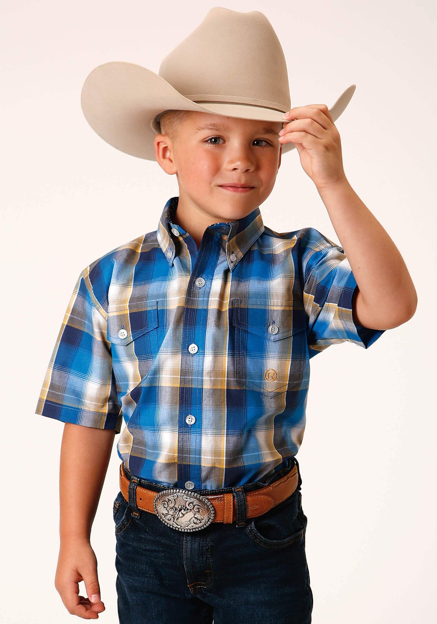 Roper Boys Short Sleeve Button Clear Sky Plaid Western Shirt - Roper - Flyclothing LLC