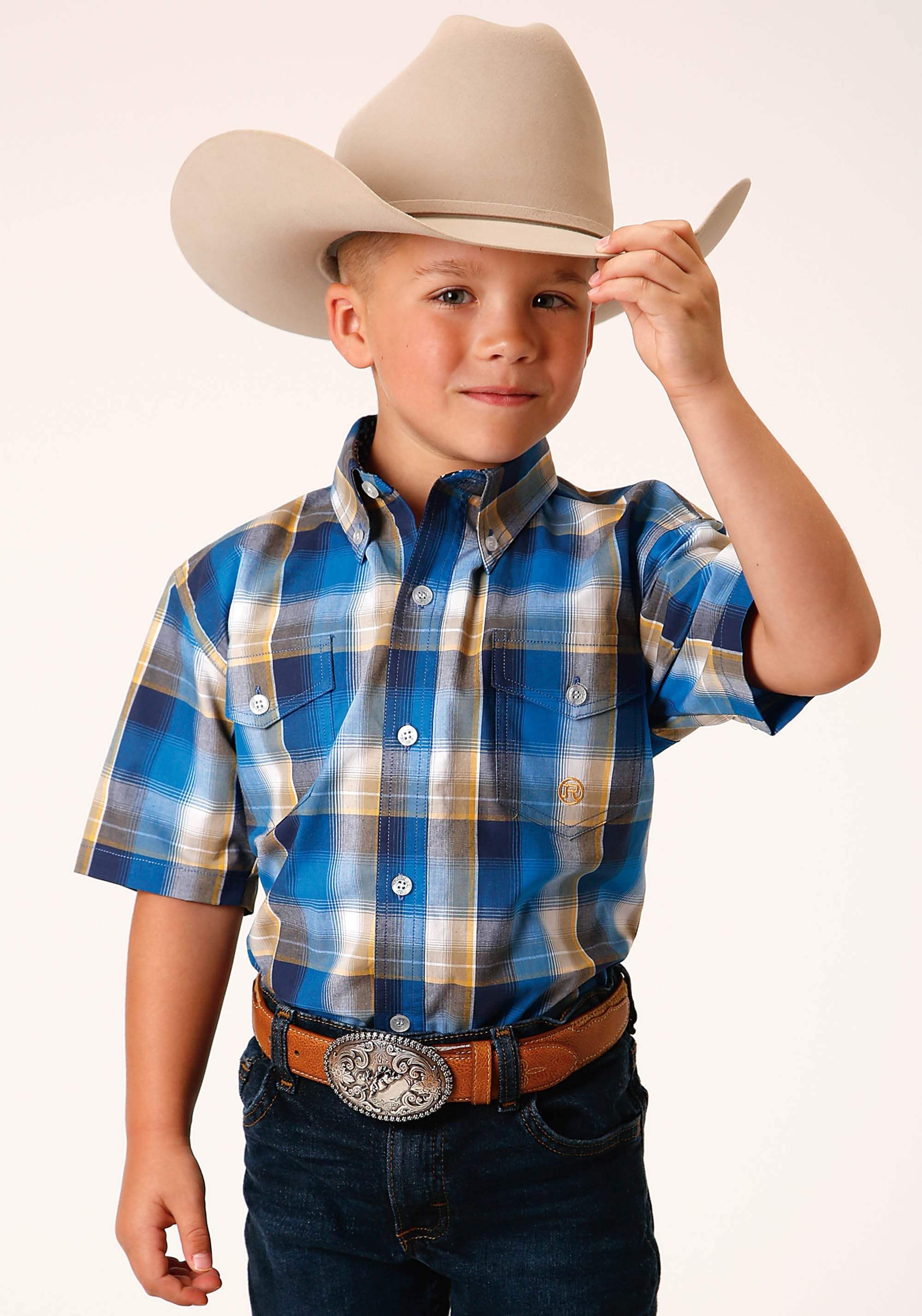 Roper Boys Short Sleeve Button Clear Sky Plaid Western Shirt - Roper - Flyclothing LLC