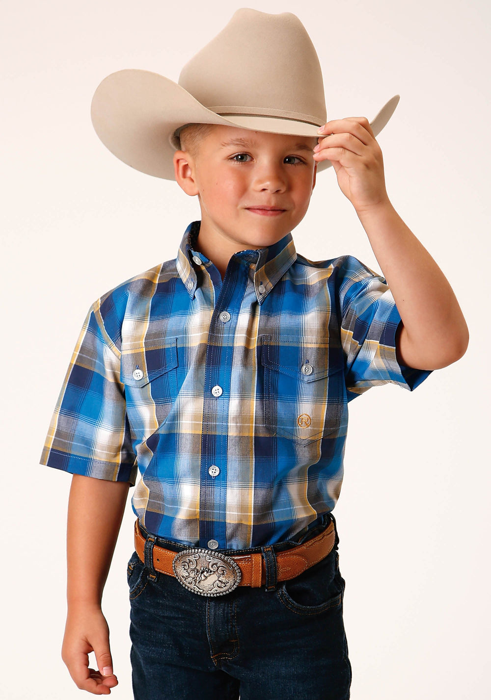 Roper Boys Short Sleeve Button Clear Sky Plaid Western Shirt - Roper