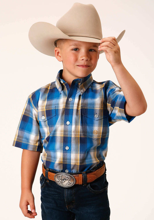 Roper Boys Short Sleeve Button Clear Sky Plaid Western Shirt - Roper - Flyclothing LLC