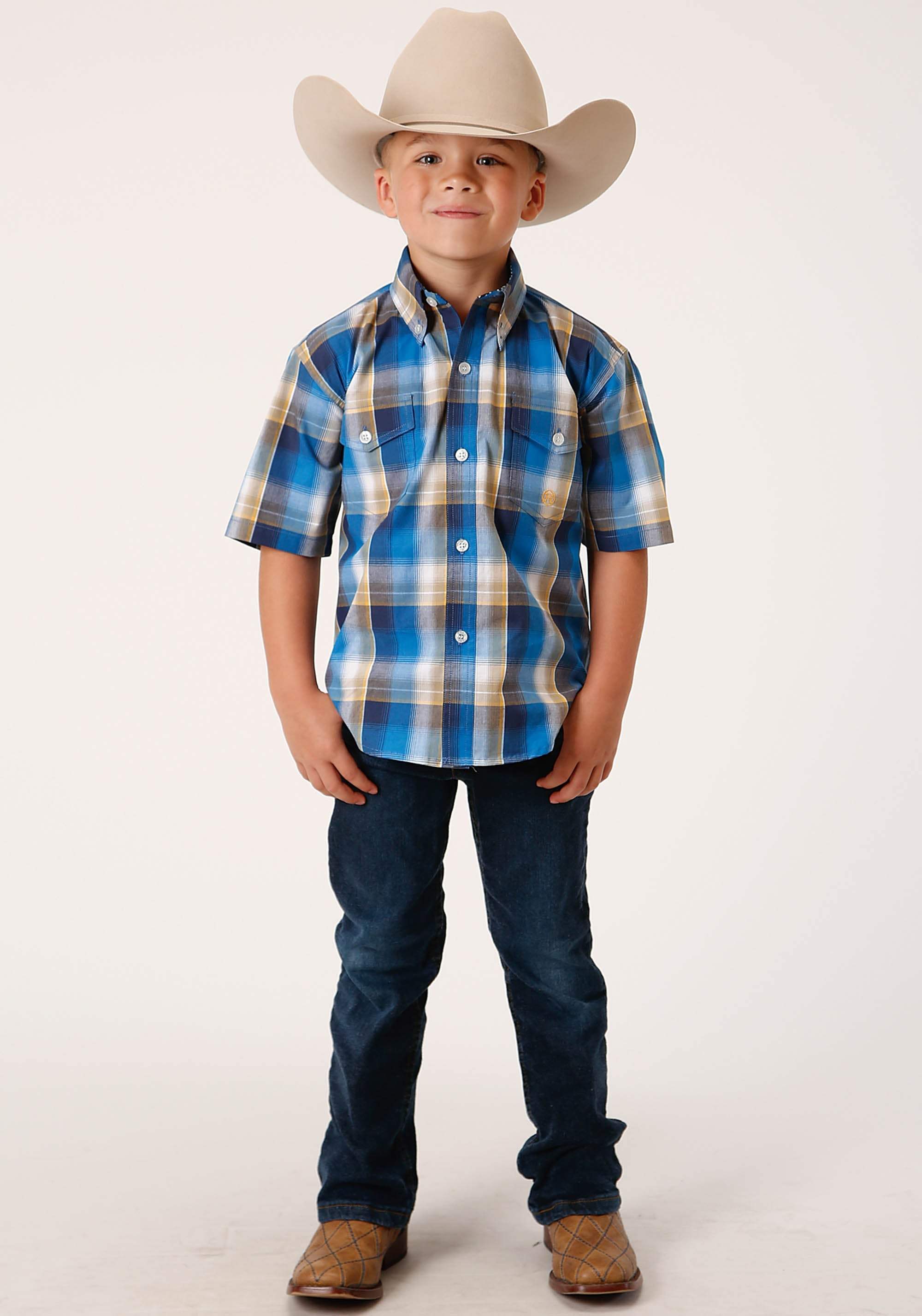 Roper Boys Short Sleeve Button Clear Sky Plaid Western Shirt - Roper - Flyclothing LLC