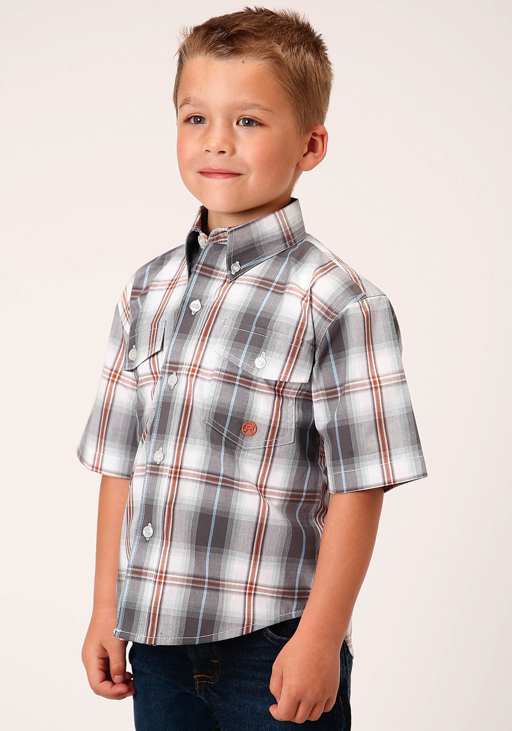 Roper Boys Short Sleeve Button Smokey Plaid Western Shirt - Roper