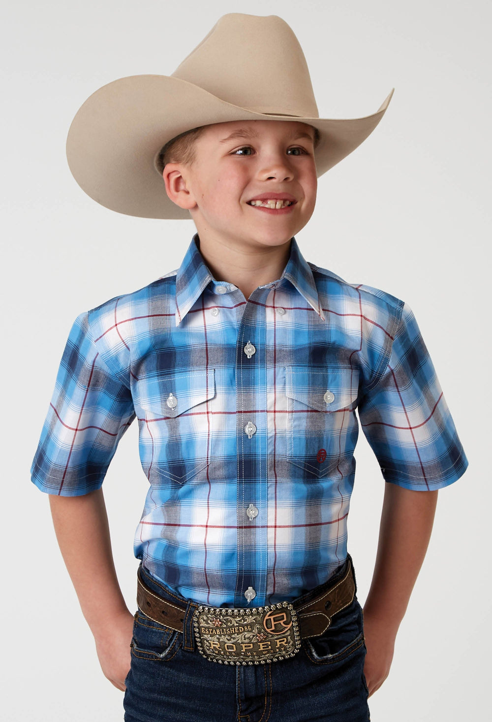 Roper Boys Short Sleeve Button Stretch Poplin Blue Plaid Western Shirt - Roper