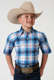 Roper Boys Short Sleeve Button Stretch Poplin Blue Plaid Western Shirt - Roper