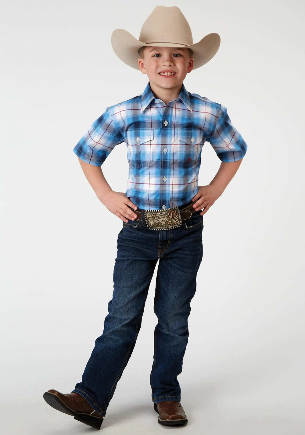 Roper Boys Short Sleeve Button Stretch Poplin Blue Plaid Western Shirt - Roper - Flyclothing LLC