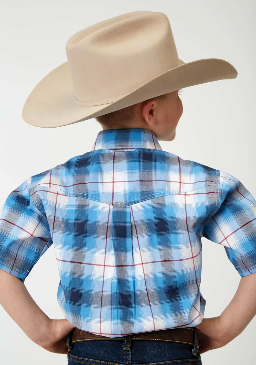 Roper Boys Short Sleeve Button Stretch Poplin Blue Plaid Western Shirt - Roper - Flyclothing LLC