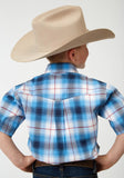 Roper Boys Short Sleeve Button Stretch Poplin Blue Plaid Western Shirt - Roper
