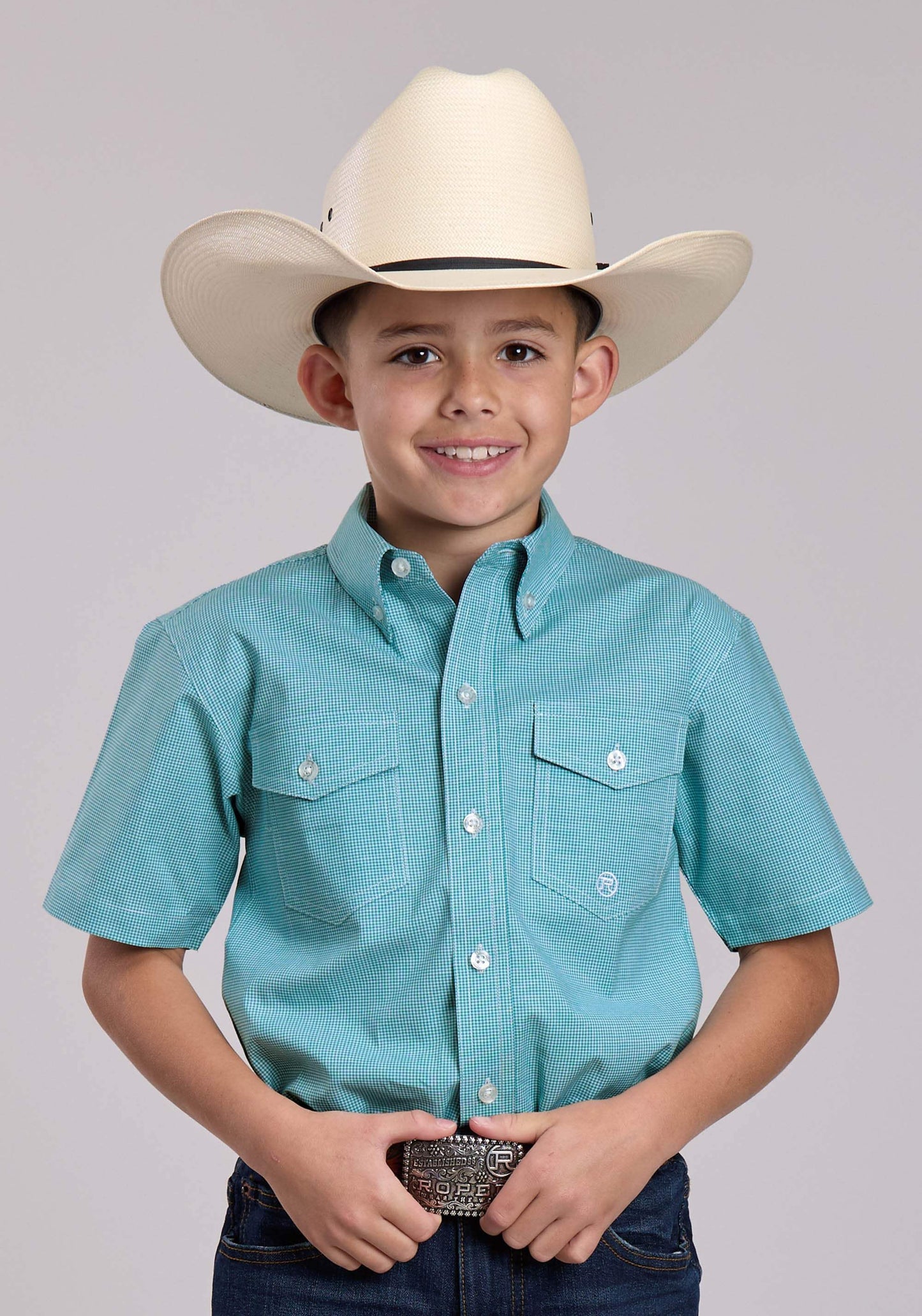 Boys Roper Stretch Minicheck Turquoise Short Sleeve Button Shirt - Roper - Flyclothing LLC