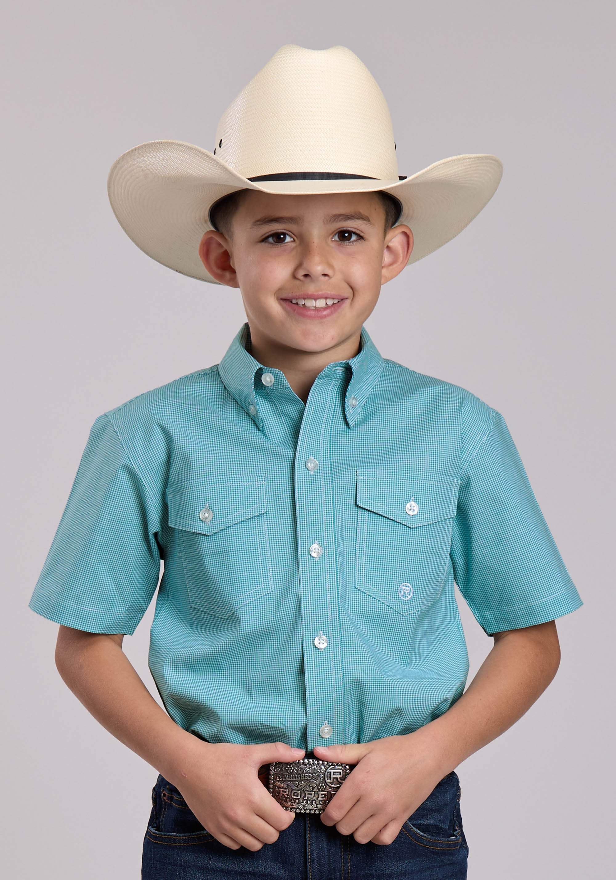 Boys Roper Stretch Minicheck Turquoise Short Sleeve Button Shirt - Roper - Flyclothing LLC