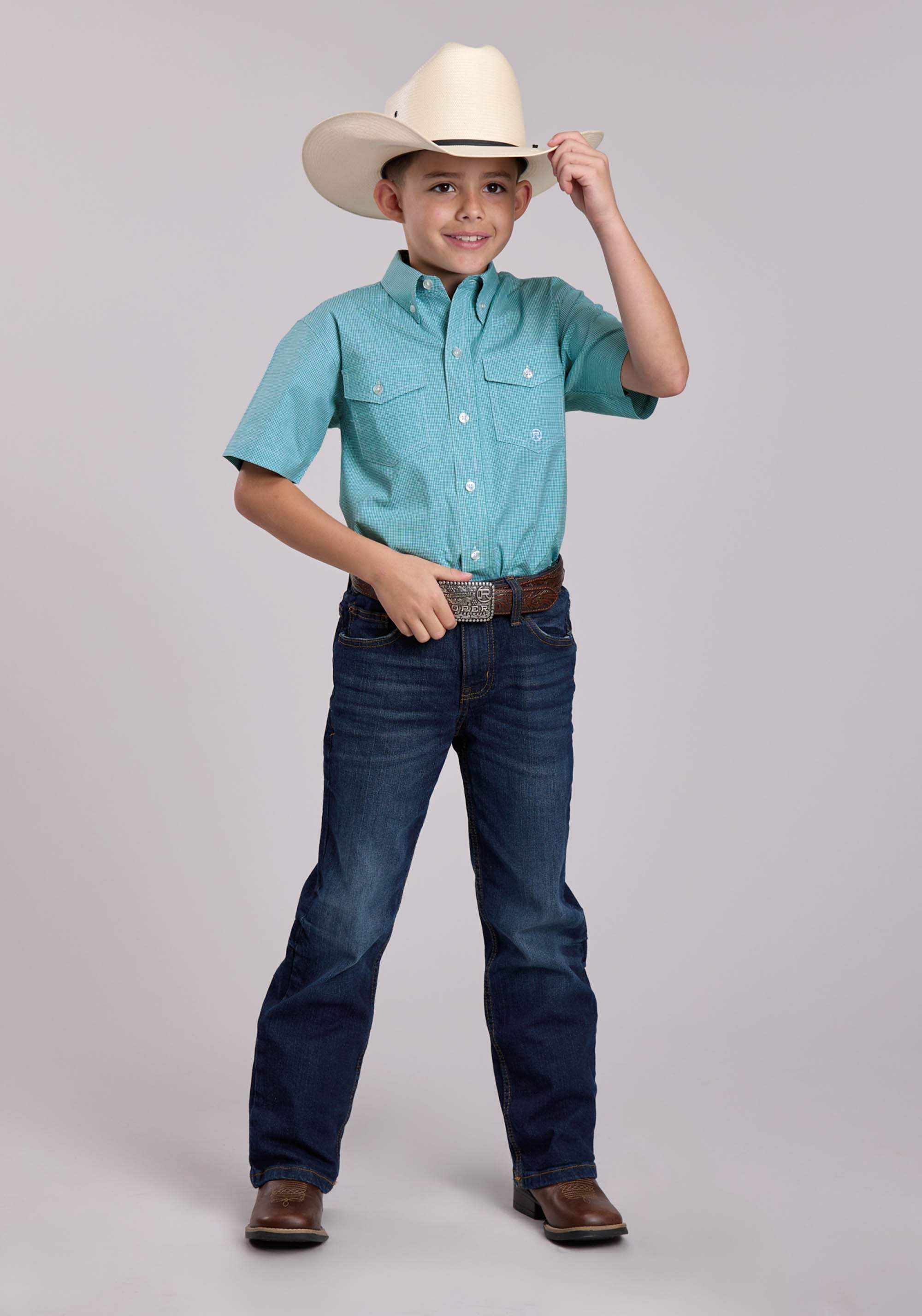 Boys Roper Stretch Minicheck Turquoise Short Sleeve Button Shirt - Roper - Flyclothing LLC