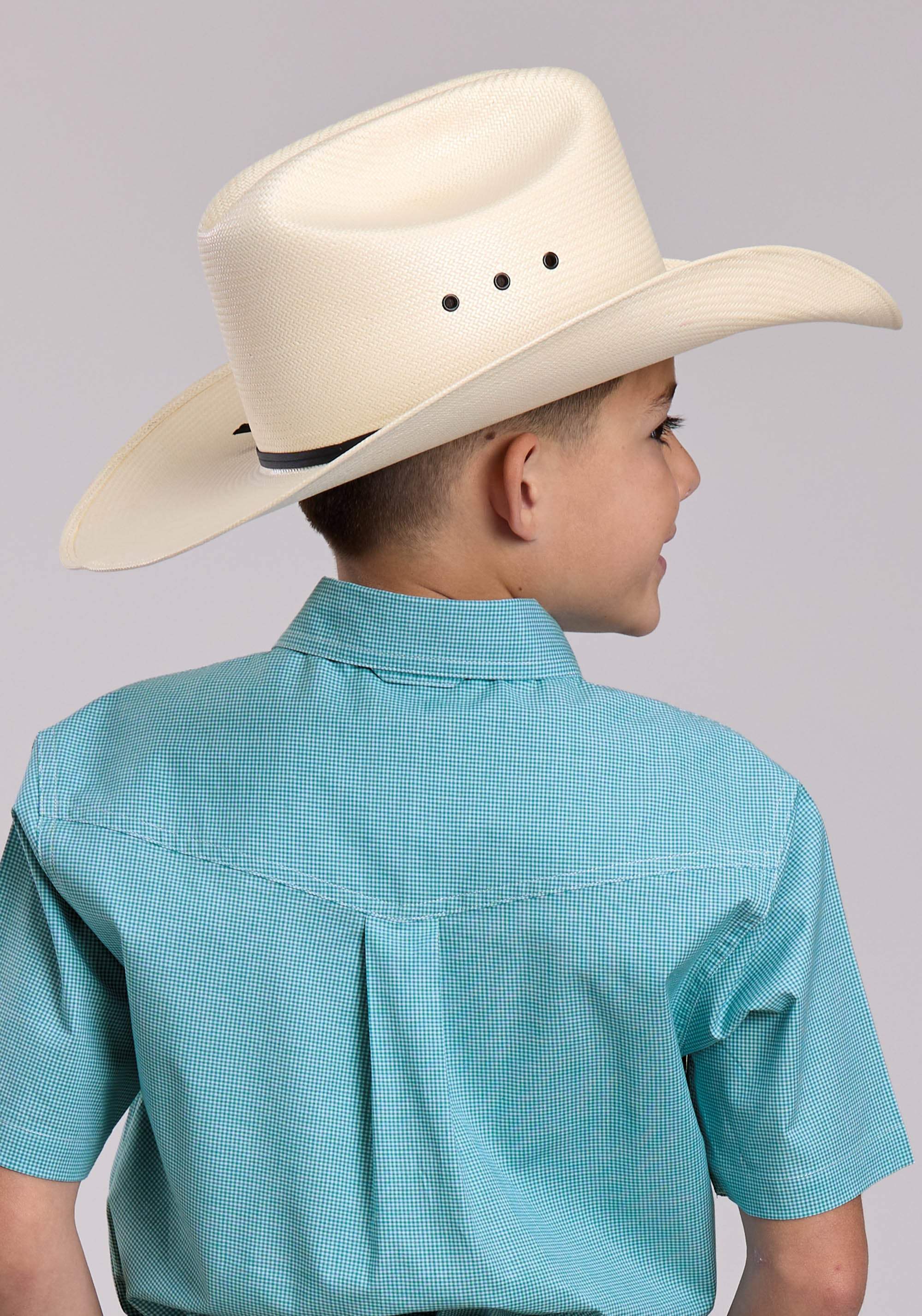 Boys Roper Stretch Minicheck Turquoise Short Sleeve Button Shirt - Roper - Flyclothing LLC
