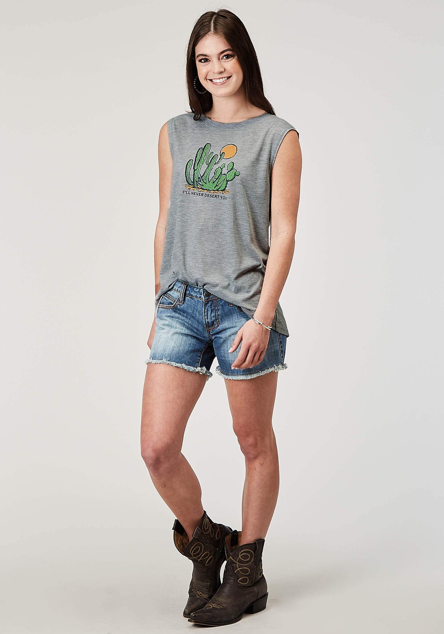 Roper Womens Sleeveless Light Grey Poly Rayon T Shirt With Screen Print Decoration - Roper - Flyclothing LLC