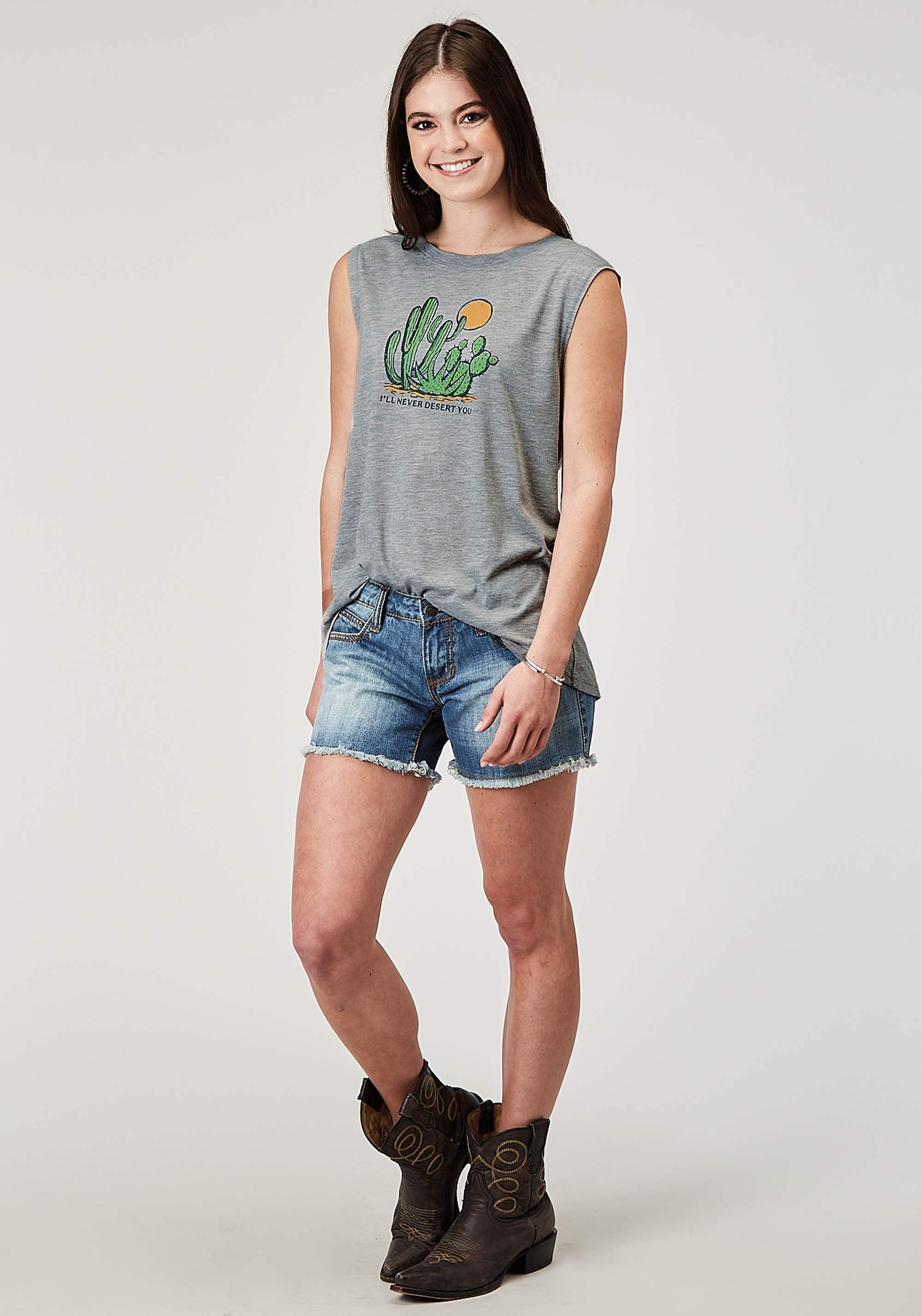Roper Womens Sleeveless Light Grey Poly Rayon T Shirt With Screen Print Decoration - Roper - Flyclothing LLC