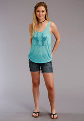 Roper Womens Turquoise Cactus Print Sleeveless Knit Top - Roper