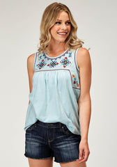 Roper Womens Sleeveless Cotton Slub Jersey Tank Top With Embroidery Front Yokes - Roper