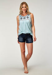 Roper Womens Sleeveless Cotton Slub Jersey Tank Top With Embroidery Front Yokes - Roper