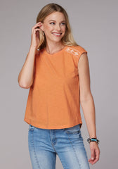 Roper Womens Sleeveless Cotton Slub Jersey T Shirt With Embroidery Drop Shoulders - Roper