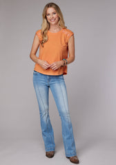 Roper Womens Sleeveless Cotton Slub Jersey T Shirt With Embroidery Drop Shoulders - Roper