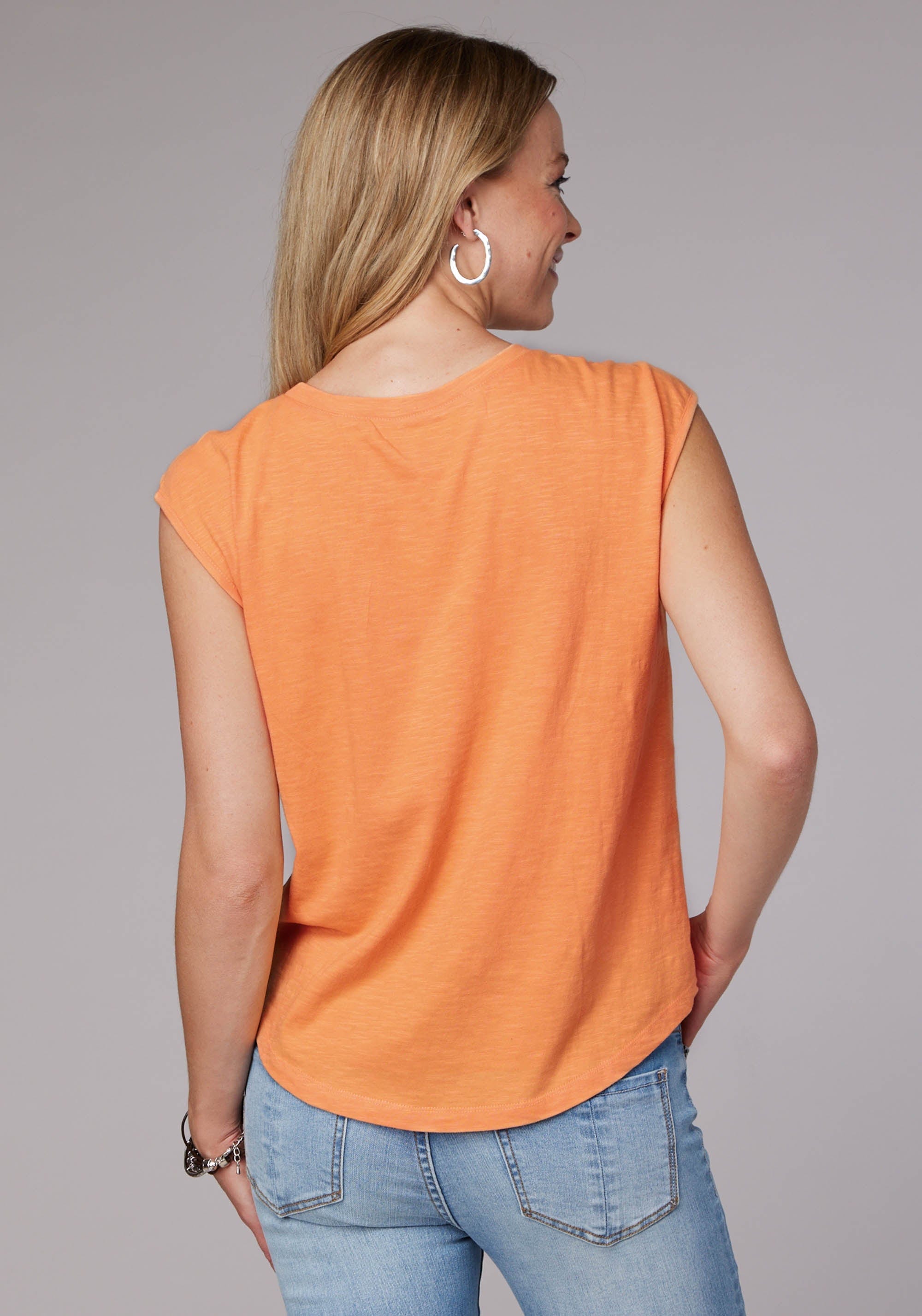 Roper Womens Sleeveless Cotton Slub Jersey T Shirt With Embroidery Drop Shoulders - Roper