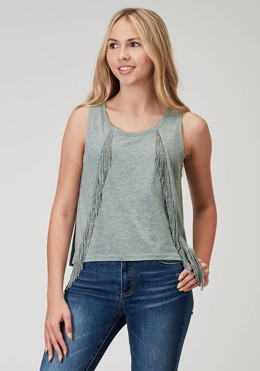 Roper Womens Sleeveless Light Grey Poly Rayon Scoop Neck Tank Top With Self Fringe Hi Low Swing Hemline - Roper