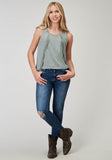 Roper Womens Sleeveless Light Grey Poly Rayon Scoop Neck Tank Top With Self Fringe Hi Low Swing Hemline - Roper