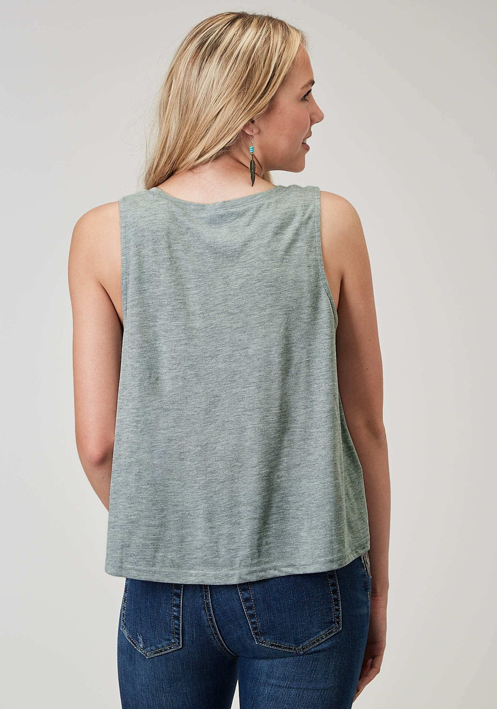 Roper Womens Sleeveless Light Grey Poly Rayon Scoop Neck Tank Top With Self Fringe Hi Low Swing Hemline - Roper - Flyclothing LLC