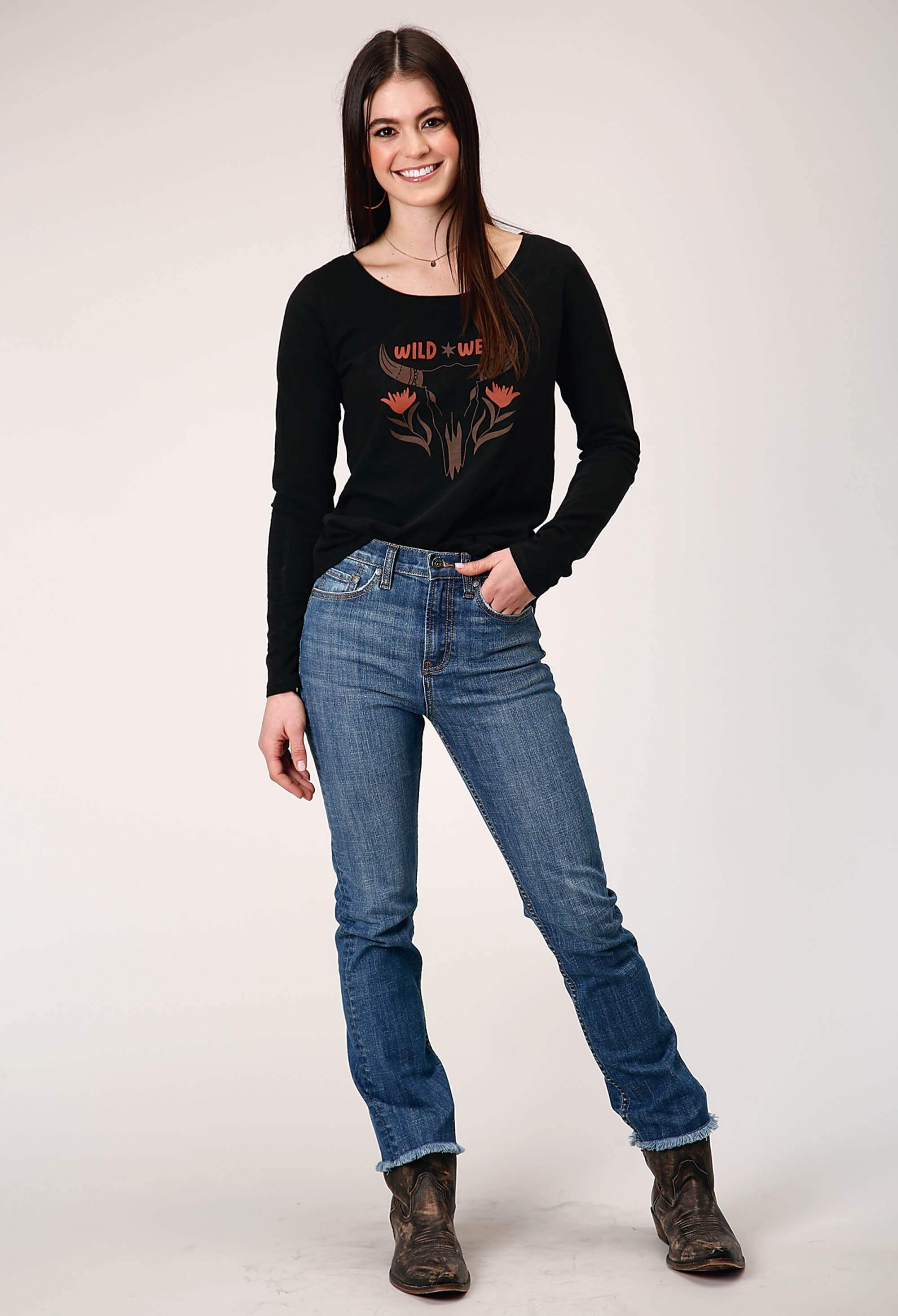 Roper Womens Long Sleeve Jet Black Cotton Slub Scoop Neck Tee With Screen Print Decoration - Roper - Flyclothing LLC
