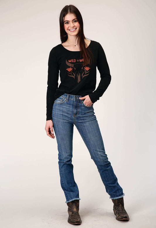 Roper Womens Long Sleeve Jet Black Cotton Slub Scoop Neck Tee With Screen Print Decoration - Roper - Flyclothing LLC