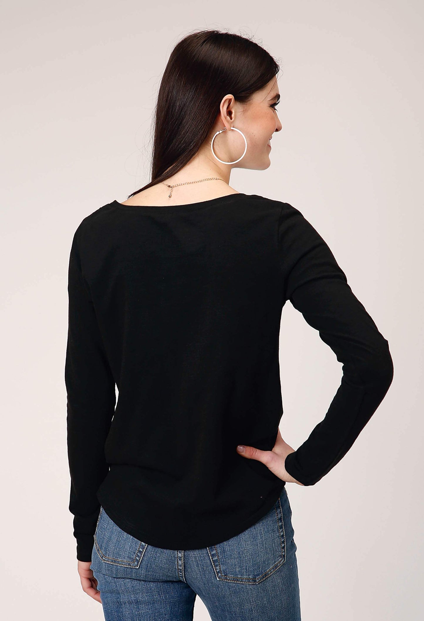 Roper Womens Long Sleeve Jet Black Cotton Slub Scoop Neck Tee With Screen Print Decoration - Roper - Flyclothing LLC