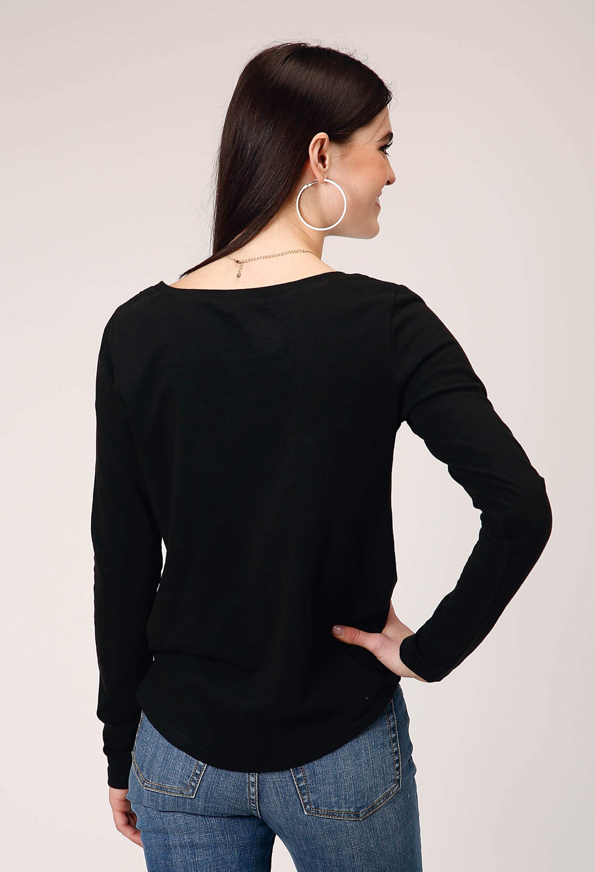 Roper Womens Long Sleeve Jet Black Cotton Slub Scoop Neck Tee With Screen Print Decoration - Roper - Flyclothing LLC