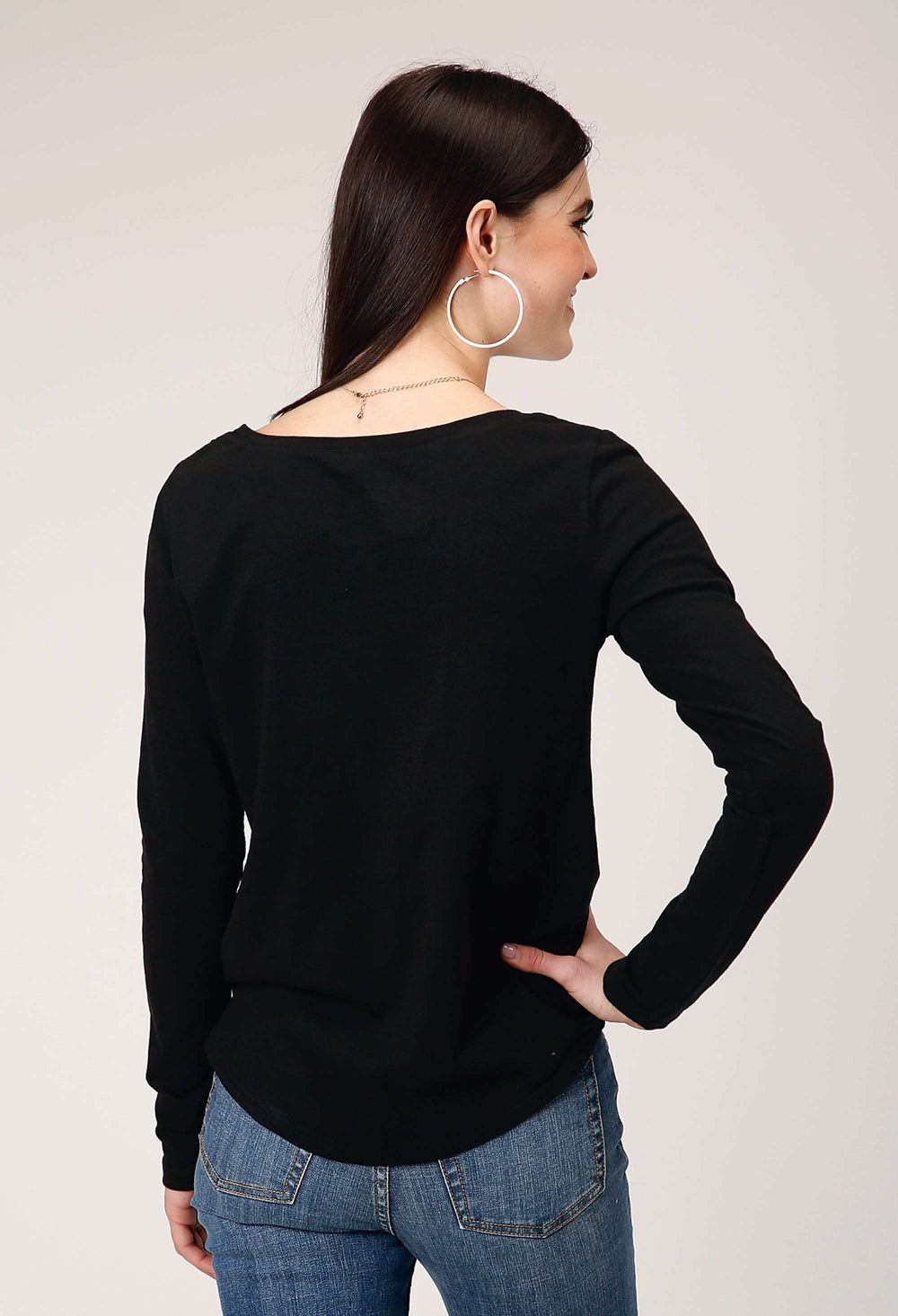 Roper Womens Long Sleeve Jet Black Cotton Slub Scoop Neck Tee With Screen Print Decoration - Roper - Flyclothing LLC