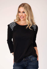 Roper Womens Long Sleeve Slub Jersey Top With Curved Front Yokes Top And Three Quarter Sleeves Embroidery - Roper - Flyclothing LLC